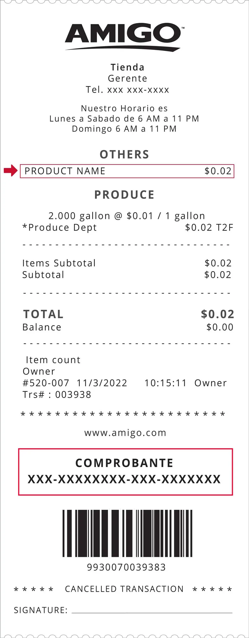 Recibo de Supermercados Amigo donde aparece el Comprobante