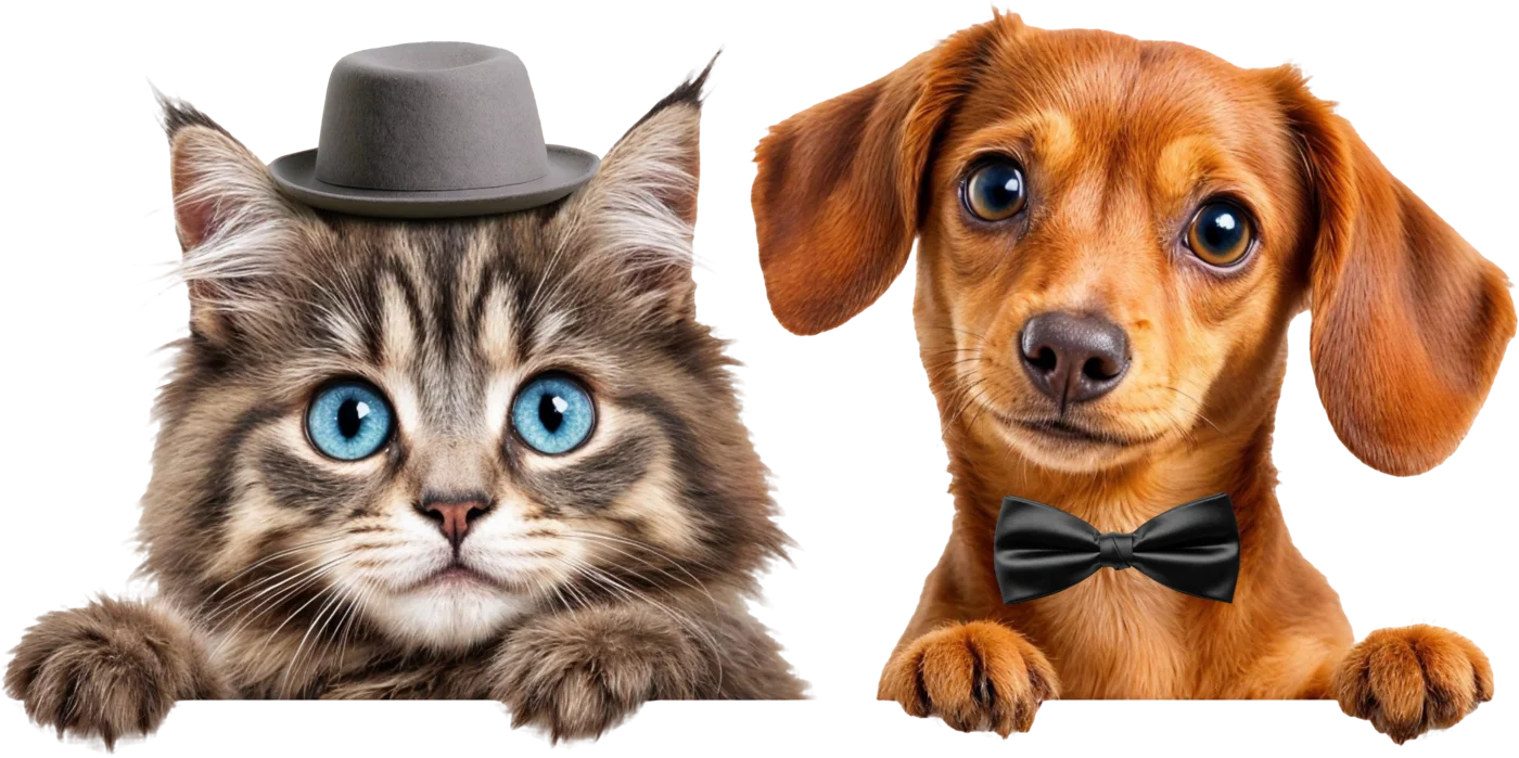Un gato con sombrero y un perro salchicha con corbatín