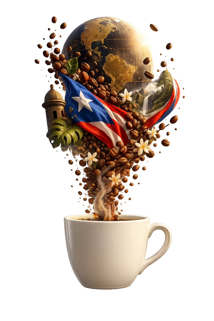 Taza de caf&eacute; humeante con un globo terr&aacute;queo, granos de caf&eacute; y la bandera de Puerto Rico