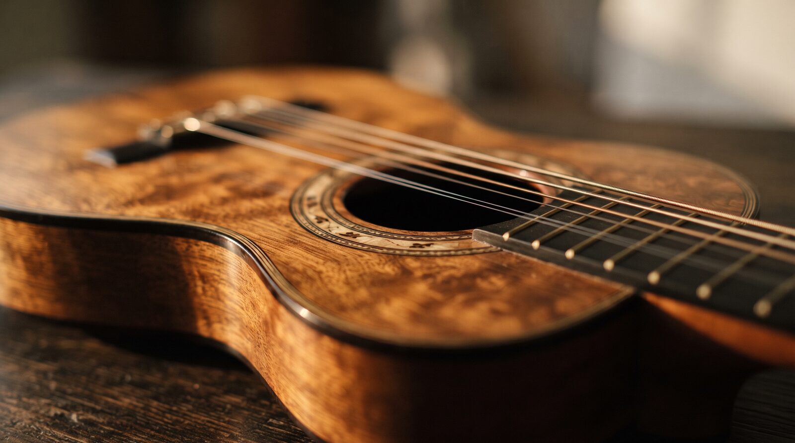 Primer plano de las cuerdas y la boca de una guitarra acústica